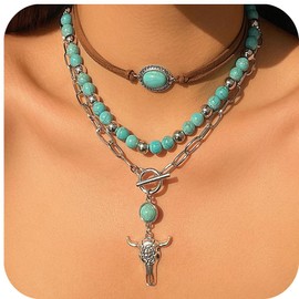 Fuqimanman2020 Boho Layered Western Necklaces for Women Cowgirl Cactus Turquoise Beaded Ox-head Hat Pendant Country Concert Jewelry-A