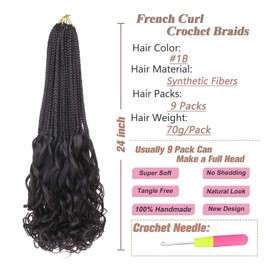 24 Inch French Curl Crochet Braids 9 Packs Natural Black Goddess Box Braids Crochet Hair Pre Looped Synthetic Bohemian French Curly Braiding Hair for Women