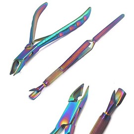 OdontoMed2011 Colorful Stainless Steel Nail Art Tools Pinching Cuticle Pusher and Cuticle Cutter Nipper - Multifunction False Nail Cutter Shaping Tweezers Manicure Tools