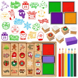 Zayvor Christmas Stamp for Children Christmas Decorations Wooden Stamp Christmas Stamp Set Toy Stamp Ink Pad Pencil Santa Snowflake Wooden Stamp Set