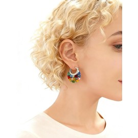 Murano Style Glass Hoop Earrings for Women Multicolored Dry Flower Moon Earrings Classic Stainless Steel Gift for Her (Multicolor-3)