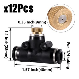 12 Pack Brass Misting Nozzles Outdoor Cooling System with 12 Heavy Duty Misting Nozzle,12 Tees,2 Brass Plugs,2 Black Plugs for Outdoor Cooling system