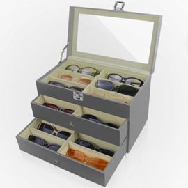 GRTCZYSL Sunglasses Organizer, 18 Slots Multiple Pairs Glasses Storage Case Leather Eyeglasses Display Box for Women Men -3 Layers, Grey