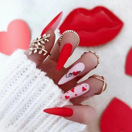 LBPEPAMZ Valentine's Day Press on Nails Extra Long Stiletto Fake Nails with Red Heart Designs Red Full Cover Matte Acrylic Nails False Nails Cute Valentines Artificial Stick on Nails for Women 24Pcs