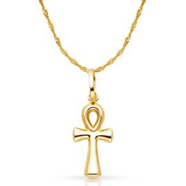Ioka 14K Yellow Gold Egyptian Ankh Cross Charm Pendant with 0.9mm Singapore Chain Necklace - 16"