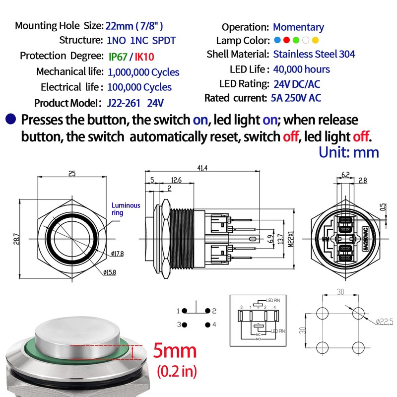 22mm Push Button Switch Momentary Latching High Round Waterproof IP67