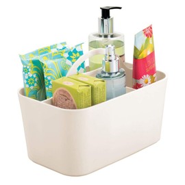 mDesign Plastic Portable Storage Organizer Caddy Tote - Divided Basket Bin with Handle for Bathroom, Dorm Room - Holds Hand Soap, Body Wash, Shampoo, Conditioner, Lotion - Small - Cream