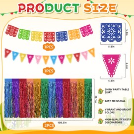 Cinco de Mayo Decorations, 4 Pack Fiesta Party Wavy Metallic Tinsel Foil Fringe Table Skirts with (2 style) Fiesta Felt Banner, Fiesta Decorations for Mexican Taco Muertos Birthday Party Table Decor