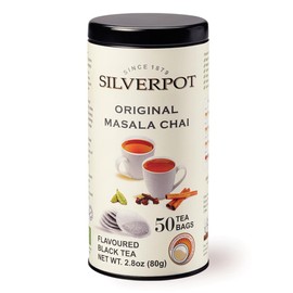 Silverpot Original Masala Chai, 50 Round Tea Bags, Tin | Gourmet Black Tea | Caffeinated | Enjoy Hot or Iced