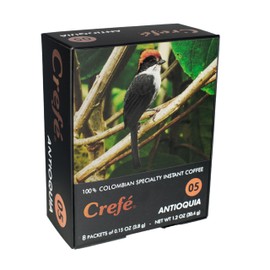 Crefé 100% Colombian Specialty Instant Coffee. Box of 8 packets. Each Packet Prepares 7-8 FL OZ Cup. Region of Origin: Antioquia. Light Medium Roast. Mild, Not Strong