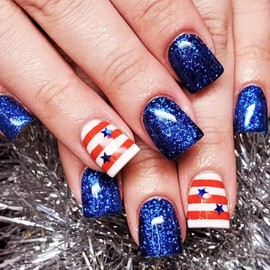 Short Square 4th of July Press on Nails Acrylic Full Cover False Nail Fourth of July Gel Glue on Fingernails 24Pcs Red Line Fake Nails Glossy Blue Stars Stick on Nail for Holiday Manicure Art