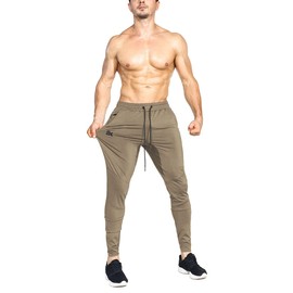BROKIG Mens Lightweight Gym Jogger Pants,Men's Workout Sweatpants with Zip Pocket (Beige, Medium)