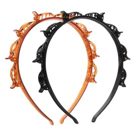 2 PCS Headband with Clips, Bangs Hairstyle Butterfly Clip Headband, Professional Weave Bangs Clip, Double Layer Toothed Hairband Braid Tool for Women Girls Hair Styling Accessories (Black & Brown)