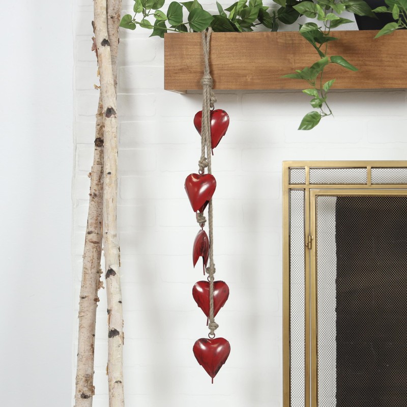 Deco 79 Red Metal Decorative Hearts with Jute Hanging Rope,