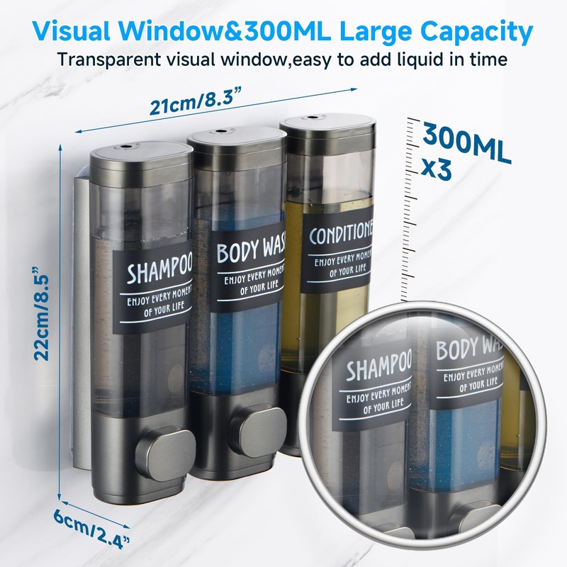 Shampoo and Conditioner Dispenser,GlintGath Shower Dispenser 3 Chamber No Drill