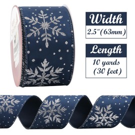 HUIHUANG Navy Blue Velvet Wired Ribbon with Silver Glitter Snowflake, Navy Wired Ribbon for Christmas Tree, Bows Making, Wreath, Gift Wrapping, Home Decor, Garland, Crafts-2.5 inch X 10 Yards