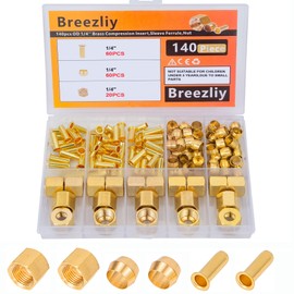 Breezliy 140PCS 1/4 Inch Compression Fittings Assortment kit- 60 Brass Compression Sleeve Ferrule, 60 Brass Insert & 20 nuts - used to connect lines for air,water,fuel,oil and inert gases