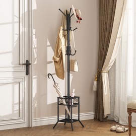 ELYKEN Coat Rack Freestanding, Coat Tree with Umbrella Holder, Metal Coat Rack Stand with 12 Hooks, Modern Standing Coat Hanger Stand, Hall Tree for Entryway Living Room Bedroom Office, Black