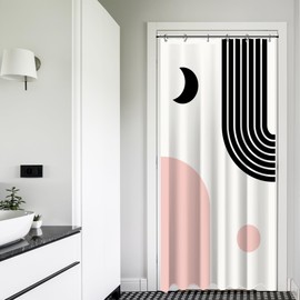 Small Stall RV Half Size Black Pink Boho Abstract Mid Century Shower Curtain for Bathroom 36W*72H Inch Bathtub Decor Sun Moon Minimalist Aesthetic Waterproof Polyester Fabric Set with 12 Hooks