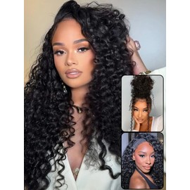 BGM GIRL Half Wig Human Hair Water Wave 3 in 1 Wigs Beginner Friendly Flip Over Drawstring Glueless Wig Ready to Go Seamless Clip in Wigs Natural Black Color 22 Inch