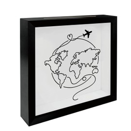 7.8 x 7.8 Inch Wooden Shadow Box Frame with Shelves Slot - Sketch Global Map Travel Theme - Money Savings Bank Ticket Saving Box Keepsake Memory Box Piggy Banks Home & Office Decor - A04