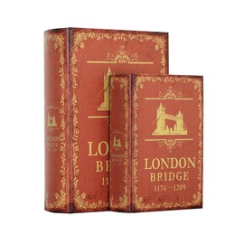 PACOLO Decorative Book Box Antique Wooden Realistic Faux Wood Set of 2 Storage Set for Home Decorations,Gifts, Jewelry (London BridGe)