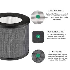 AP006 H13 True HEPA Replacement Filter, Compatible with TaoTronics TT-AP006 Air Purifier, 3-in-1 Pre-Filter, H13 Grade True HEPA and Activated Carbon Filter Set 2pcs
