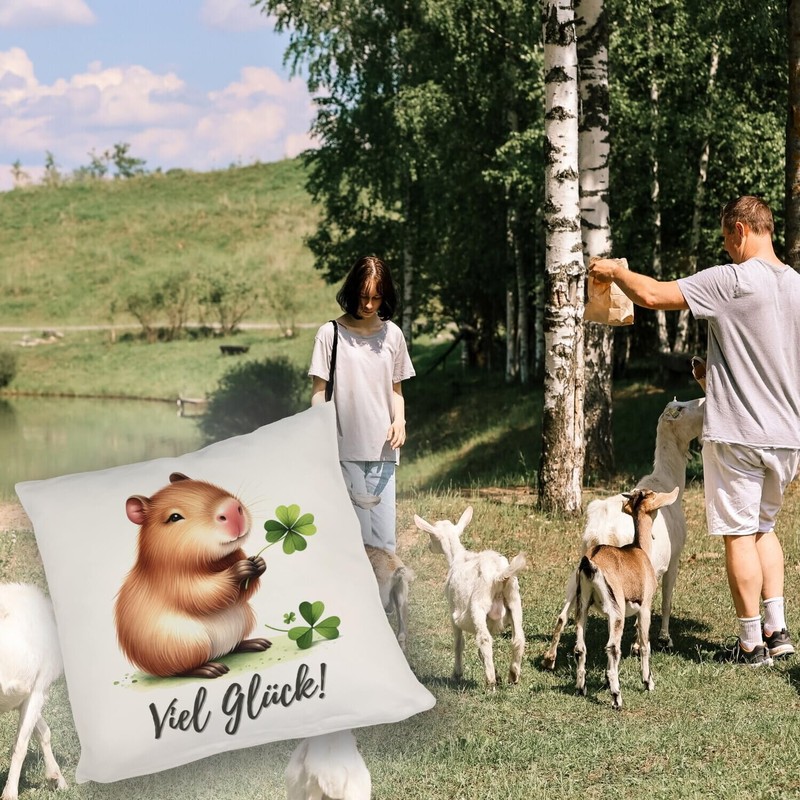 Capybara with Clover Leaf Cushion with Saying Viel Glück Cute