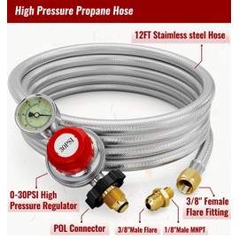 CALPOSE 12FT High Pressure Propane Regulator with Hose, 0-30PSI Adjustable Propane Regulator with Gauge Indicator, Propane Hose with Regulator for Burner, Turkey Fryer, Forge, Smoker and More