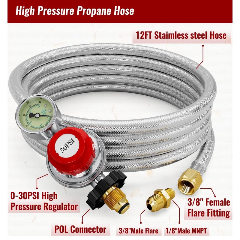 CALPOSE 12FT High Pressure Propane Regulator with Hose, 0-30PSI Adjustable