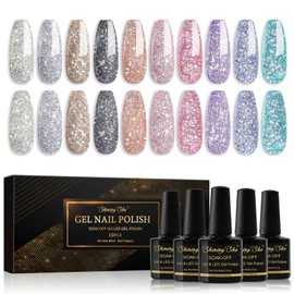 Shining She Semi-Permanent Glitter Nail Polish, 10 Colors Polychromatic Semi-Permanent Nail Polish Soak Off UV/LED Nail Polish for Beginners Nail Art DIY Salon, 8ML