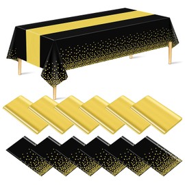 12 Pack Black Gold Tablecloth and Table Runner Set Party Decorations, White and Pink Plastic Disposable Tablecloth and Satin Table Runner for Wedding Birthday Party (Black Gold)