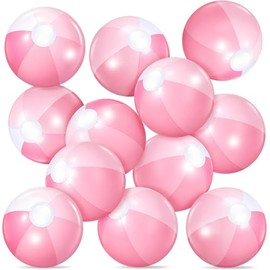 Realspring 12 Pcs Pastel Inflatable Beach Balls Kids Bulk Stripe Jumbo Big Beach Balls Pool Floating Toy for Adult Water Game Baby Shower Birthday Summer Swimming Party (Pink and White,10 Inch)