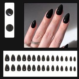 AkiliBIELY Almond Press on Nails Medium Black Fake Nails Women Glue on Nails Acrylic Gel Stick on Nails Fantasy Classy Aesthetic Voguish Pretty False Nails Wedding Birthday