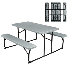 Giantex Folding Picnic Table Bench Set, Outdoor Dining Table Set, Large Camping Table for Patio Lawn Garden Poolside, Portable Picnic Tables, Weather Resistant Metal Frame (Folding Legs Design, Gray)