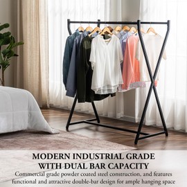 MyGift 56 Inch Tall Heavy Duty Matte Black Metal Double Rod Clothing Rack, Commercial Grade Dual Bar Freestanding Garment Hanger for Wardrobe Closet or Retail Display