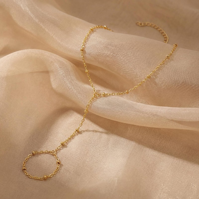 Fesciory 14K Gold Hand Chain Bracelet with Ring, Adjustable Finger