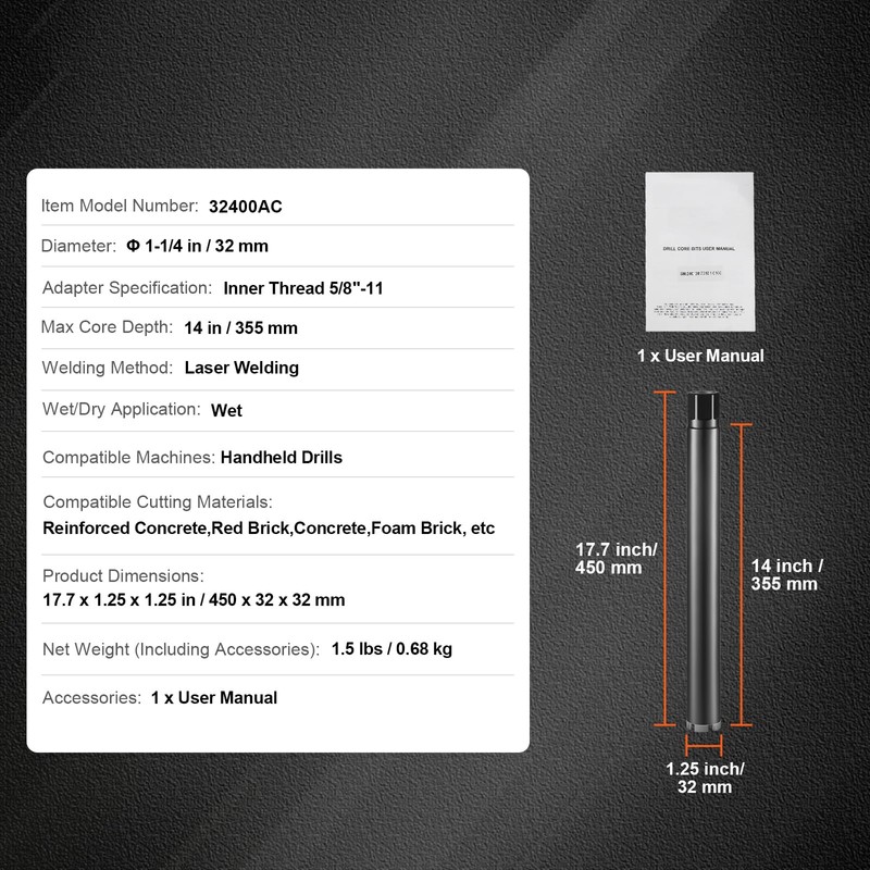 Happybuy 1-1/4" Wet Diamond Core Drill Bit, 14" Drilling Depth,
