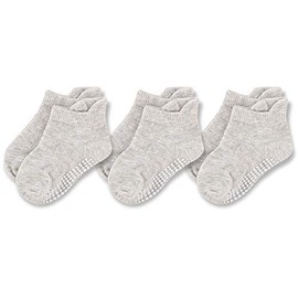 DEFAHN 3 Pairs Toddler Ankle Socks Non Slip Cute Crew Anti Skid Socks with Soft Cotton for Toddler Infant Kids 0-3 Years (Grey,24-36M)