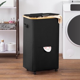 Vincona Laundry Basket with Wheels, Dirty Clothes Hamper on Wheels, Rolling Tall Laundry Hamper with lid for Laundry Room, Dorm and Bathroom, 100L Black