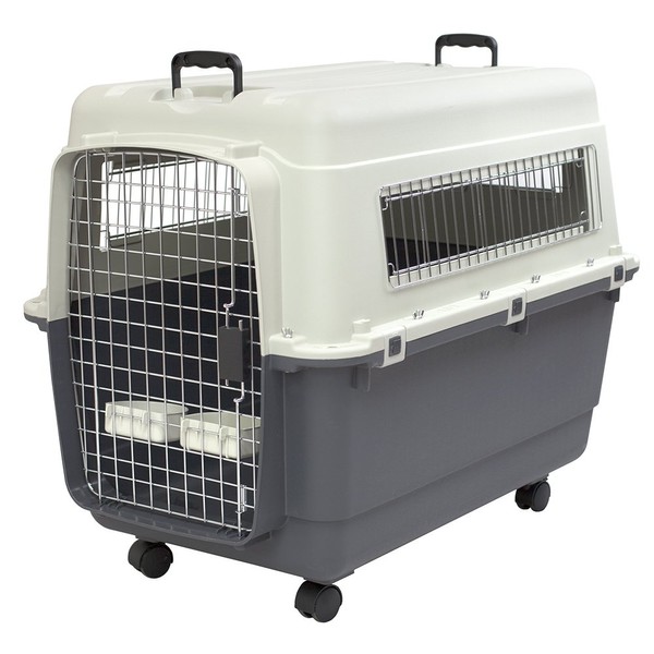 SportPet Designs Plastic Kennels Rolling Plastic Airline Approved Wire Door Travel Dog Crate, X-Large, Gray