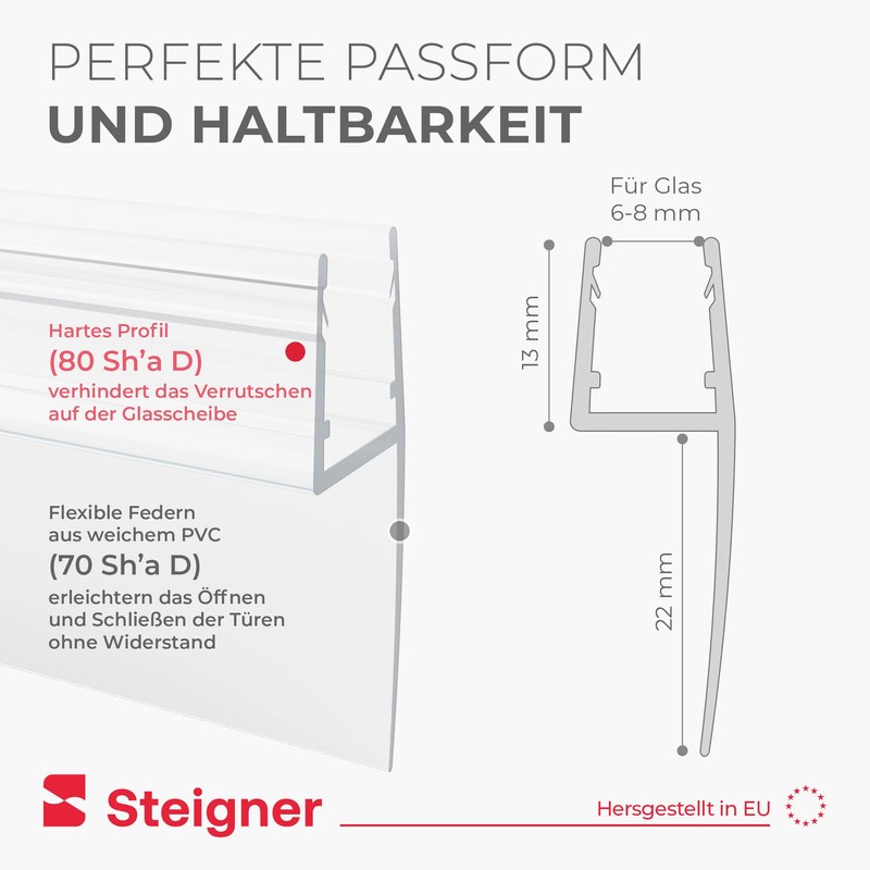 Steigner shower gasket, glass thickness 3.5/4/5 mm, straight, PVC (polyvinyl