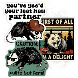 Set 3PCS 3 Inches - Polite But Feral Possum Sticker Meme Funny Opossum Possum Trash Can 3" Waterproof Vinyl Decal for Water Bottles, Tumbler, Laptop, Hard Hat, Car - Gifts for Kid, Girl, Boy