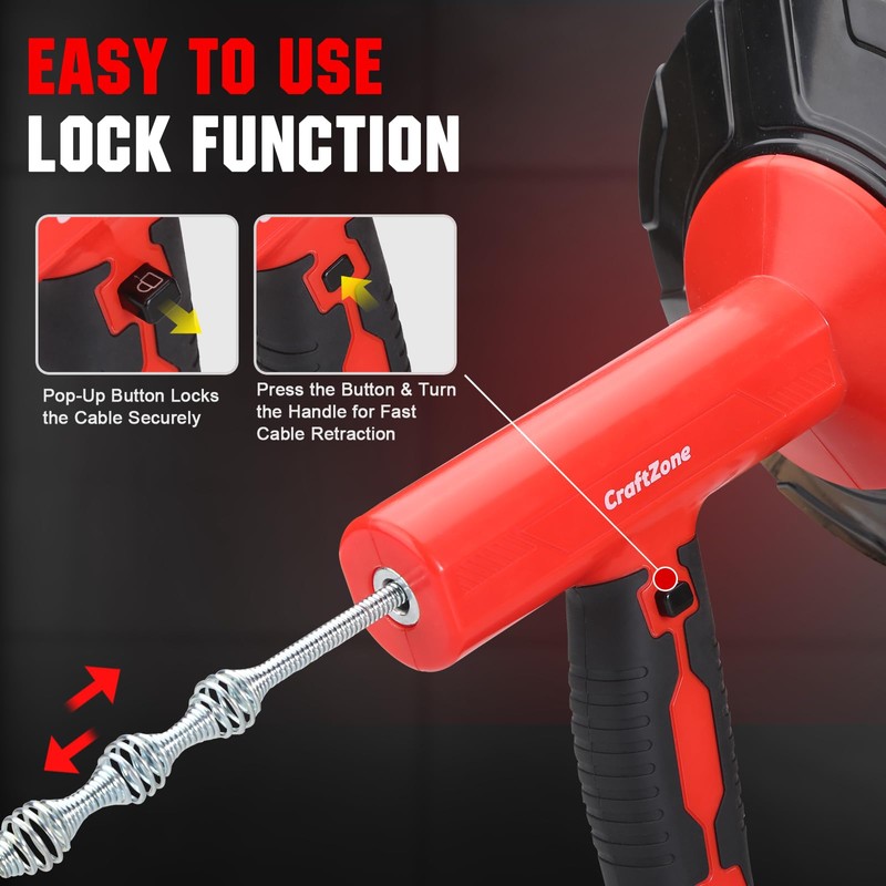 Drain Auger 33 Ft with Easy Cable Rewind System, Plumbing
