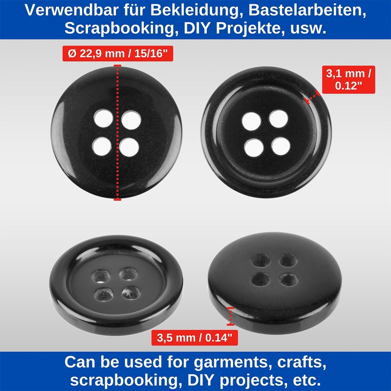 24 Pieces 4 Hole Diameter 22.9mm Black Polyester Buttons Size