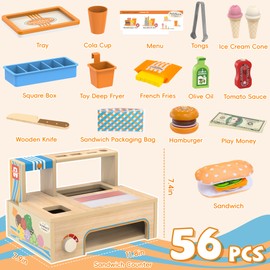 WOODMAM Foldable Wooden Kids Play Food Toys Sandwich Counter with Storage
