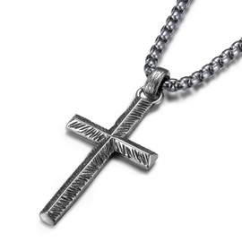 MUSECLOUD 925 Sterling Silver Cross Necklace Men - Oxidized Carved Cross Pendant with Stainless Steel Box Chain Vintage Unique Crucifix Necklaces Silver Jewelry for Women 18 Inches