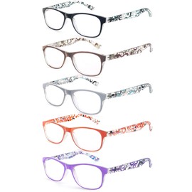 OLOMEE Reading Glasses Women +2.25 Floral Print Square Women's Readers Cheaters Glasses 5 Pack W/Spring Hinge Lightweight Comfortable Fit