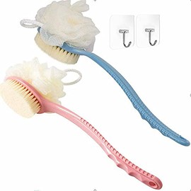 2 Pack Shower Body Brushes with Bristles and Loofah, Back Scrubbers Bath Mesh Sponge with Curved Long Handle for Exfoliating Skin, Massage Bristles Suitable for Wet or Dry, Men and Women (Blue & Pink)