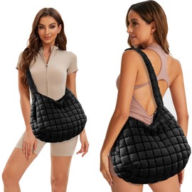Carfond Quilted Puffer Tote Bag for Women Soft Puffy Large Hobo Crossbody Handbags Purse Lightweight Shoulder Bag, Black